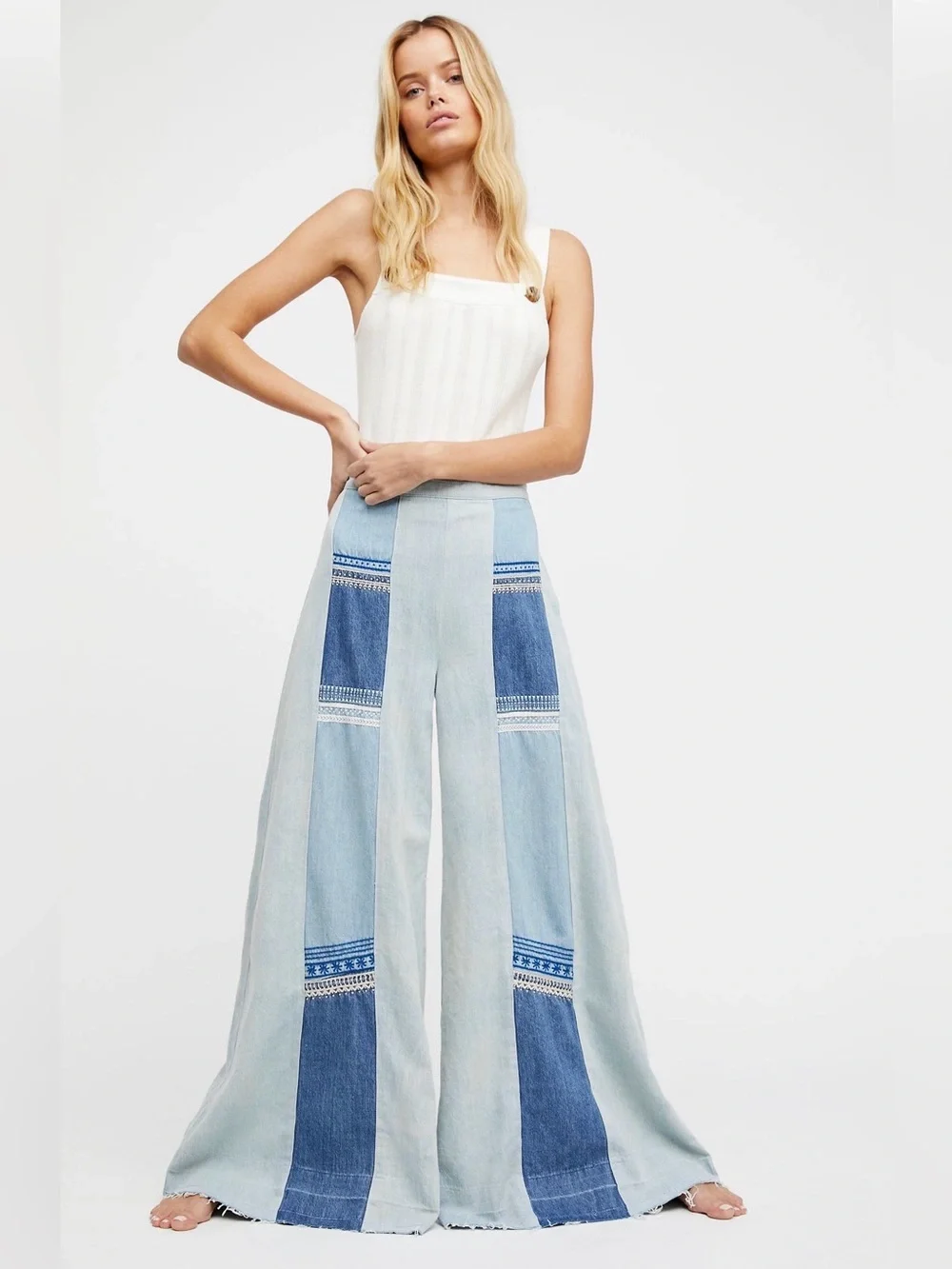 FREE PEOPLE Willa Pieced Wide-Leg Jeans Patchwork Embroidery 27